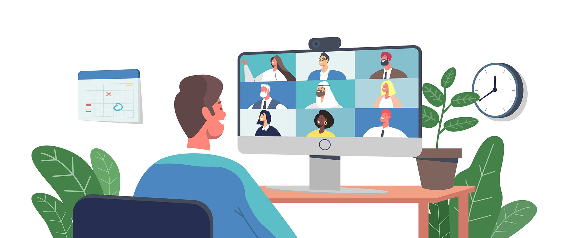 Teleconference,,Webcam,Group,Conference,With,Coworkers,By,Computer.,Business,Characters, formateur-netione-01